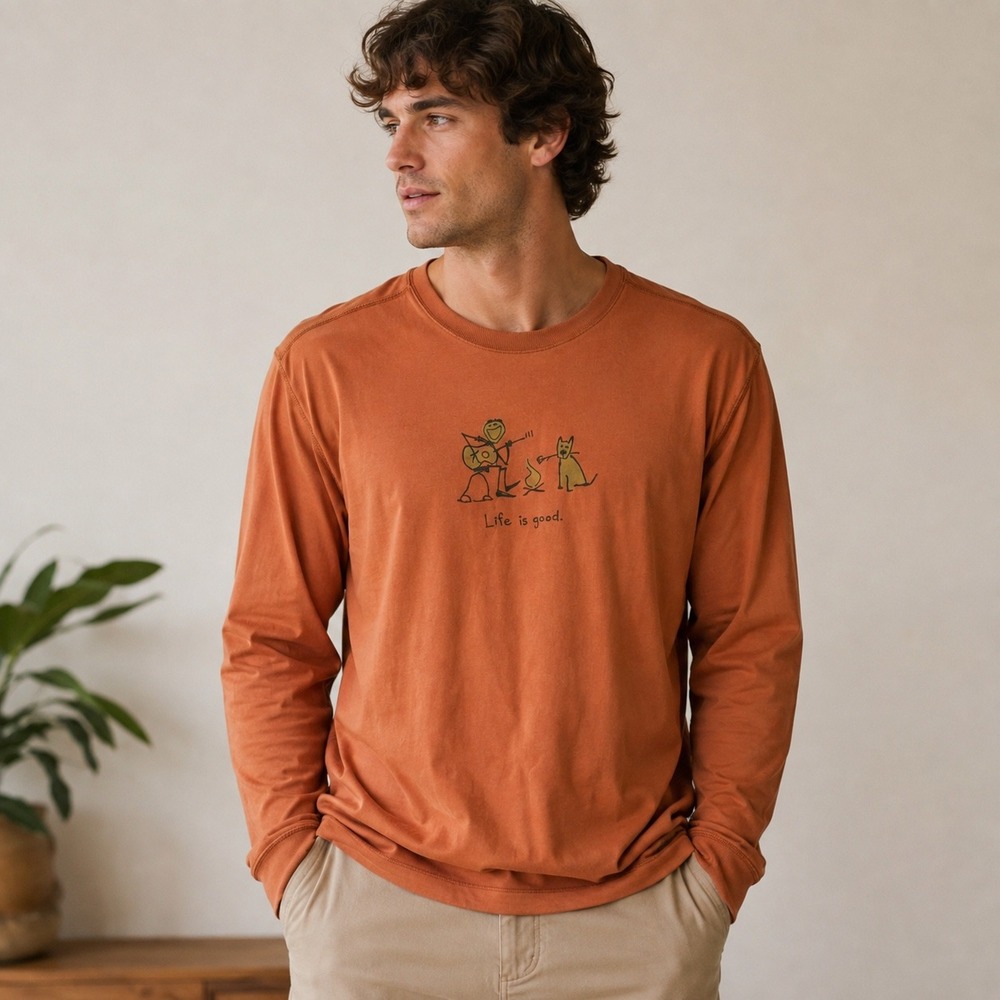 Life is Good Good Karma Cotton Graphic T-Shirt Orange Campfire Dog Mens Large
